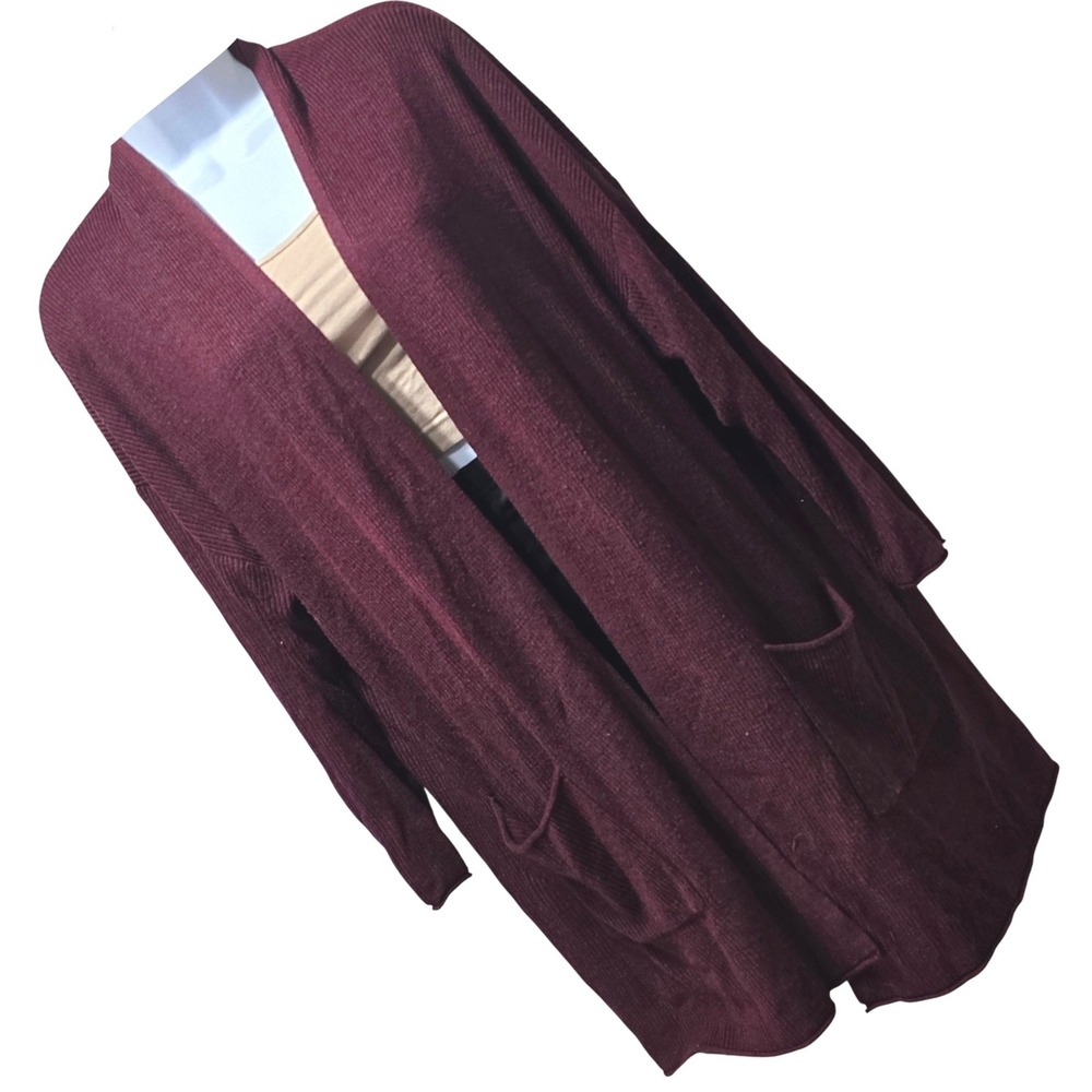 PLUS 2X TAHARI‎ WOMAN long length open front cardigan micro rib burgundy maroon